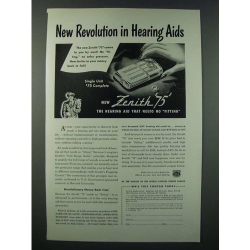 1948 Zenith 75 Hearing Aid Ad - New Revolution in Hearing Aids