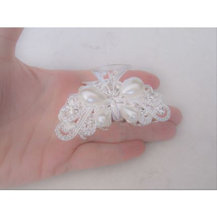 Silver metal butterfly faux pearl and clear crystal hair claw clip bridal clip
