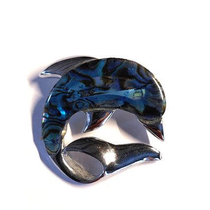 Silver Tone Jumping Dolphin Blue Abalone Sea Life Brooch Porpoise Nautical Pin