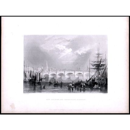 NEW BRIDGE AND BROMIELAW, GLASGOW 1842 H. Wallis - William Bartlett ENGRAVING