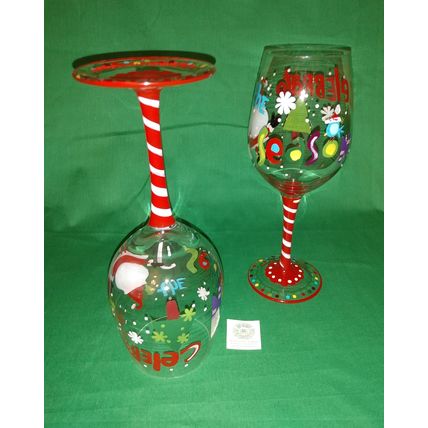 PAIR of HANDPAINTED PIER 1 CELEBRATE THE SEASON CHRISTMAS SANTA 9" WINE GLASSES