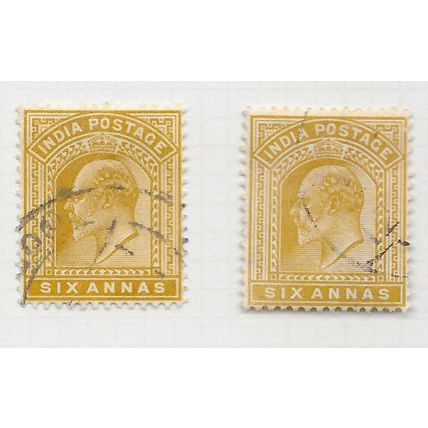 INDIA 1902 KE7 6a SIX ANNAS x2 STAMPS SHADES LOT USED SG131 132 131 SG132 SG