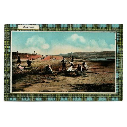 Postcard UK Scotland Ayrshire Ayr on the sands children border of Gordon tartan