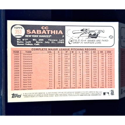 CC SABATHIA 2015 TOPPS HERITAGE BASEBALL CARD #353
