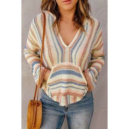 Multicolor Striped Knit Kangaroo Pocket Hooded Sweater