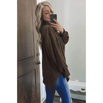 Brown Turn Down Collar Buttoned Shirt Jacket