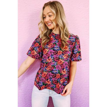 Multicolor Floral Print Round Neck Puff Sleeve Blouse
