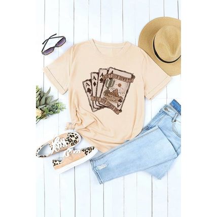 Khaki Western Poker Cards Graphic Print Short Sleeve T Shirt