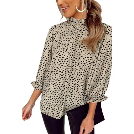 Khaki Frilled Neck 3/4 Sleeves Cheetah Blouse