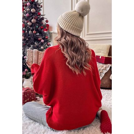Red Merry Letter Embroidered High Neck Sweater