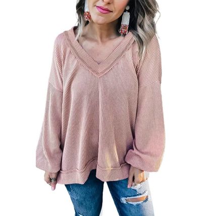 Peach Blossom Loose V Neck Bubble Sleeve Knit Ribbed Top