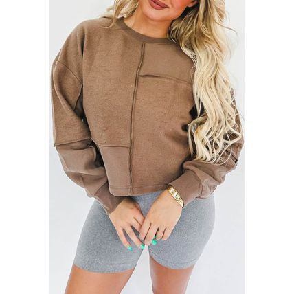 Coffee Solid Exposed Seam Pullover Sweatshirt