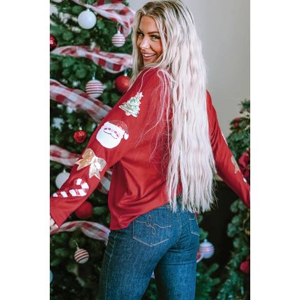 Red Sequined Christmas Favor Sleeve Casual Pullover