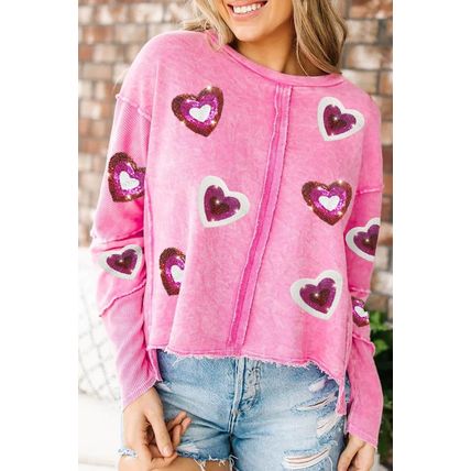 Rose Sequin Heart Shaped Exposed Seam Pullover Sweatshirt