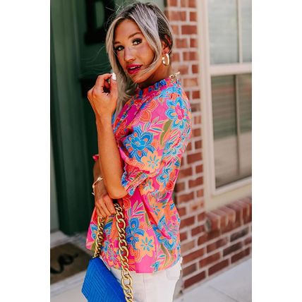 Rose Frilly Mock Neck Short Puff Sleeve Floral Blouse