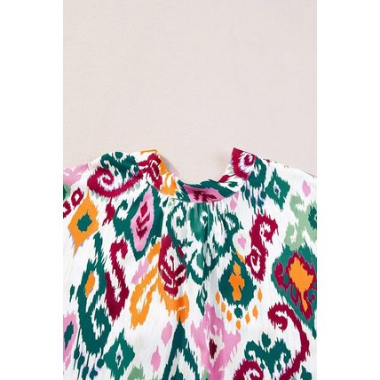 Multicolour Western Print High Neck Bat Sleeve Blouse