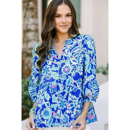 Blue Mix Floral Printed Lace Detail Bracelet Sleeve Blouse