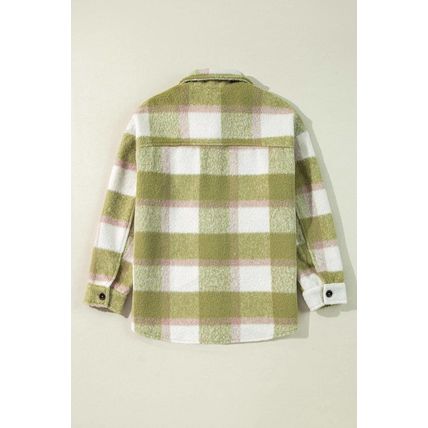Sage Green Plaid Print Buttoned Flap Pockets Baggy Shacket