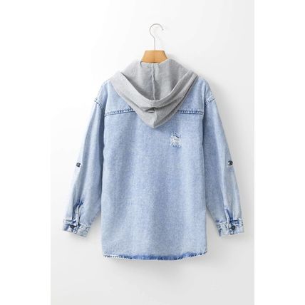 Mist Blue Oversized Contrast Hooded Denim Jacket