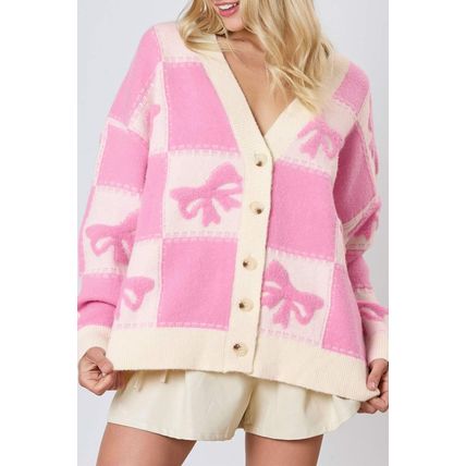 Pink Bowknot Checkered Pattern V Neck Drop Shoulder Button Up Cardigan