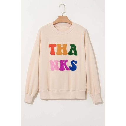 Apricot THANKS Chenille Embroidered Drop Shoulder Graphic Sweatshirt