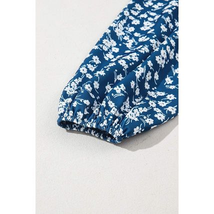 Blue Ditsy Floral Print Lantern Sleeve Blouse
