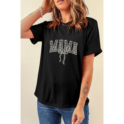 Black Bowknot MAMA Embroidered Crewneck Mothers Day T Shirt