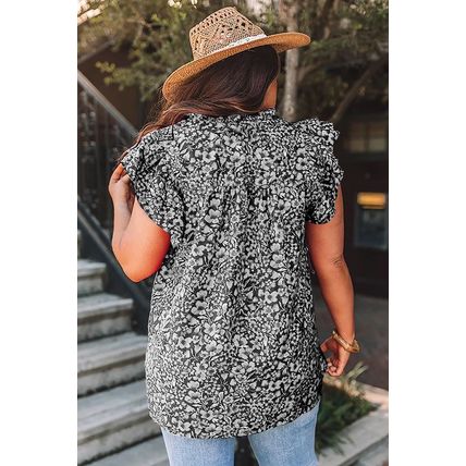 Black Rose Floral Print Ruffle Sleeve Plus Size Shift Top
