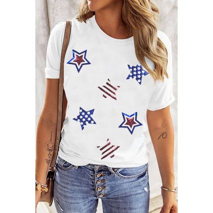 White USA Sequin Stars Patched Casual T Shirt