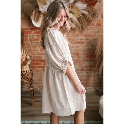 White Textured Ruffled Puff Sleeve Loose Dress