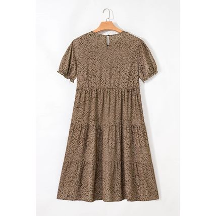 Brown Plus Size Leopard Print Frill Trim Short Sleeve Flared Dress
