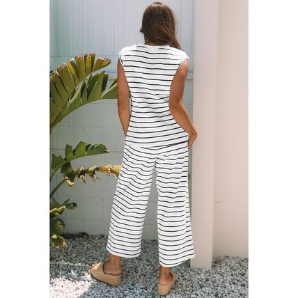 Black Stripe Casual Wide Leg 2pcs Pants Set