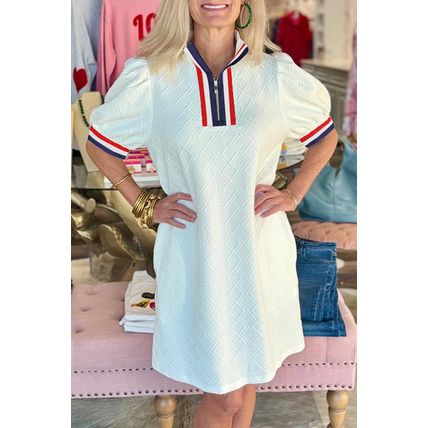 White Textured Jacquard Colorblock Edge Puff Sleeve Quarter Zip Mini Dress