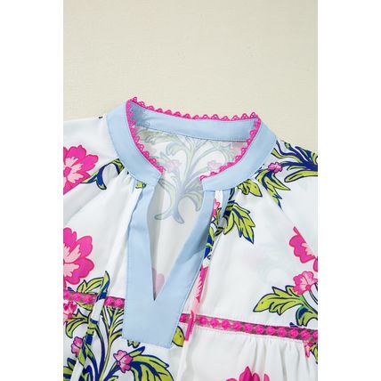 Rose Vintage Floral Print Contrast Notched V Neck Plus Size Summer Blouse