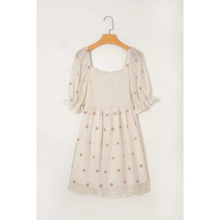 Beige Embroidered Flower Smocked Bust Half Puff Sleeve Empire Waist Textured Flo
