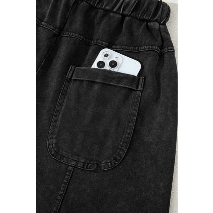 Black Mineral Wash Exposed Seam Drawstring High Waist Wide Leg Cargo Pants