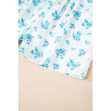 Sky Blue Floral Striped Print Contrast Patched Pocket Shirt and Shorts Set