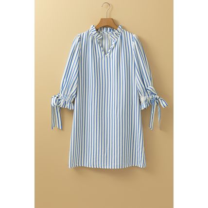 Sky Blue Stripe Knotted Bracelet Sleeve Notched Neck Shift Mini Dress