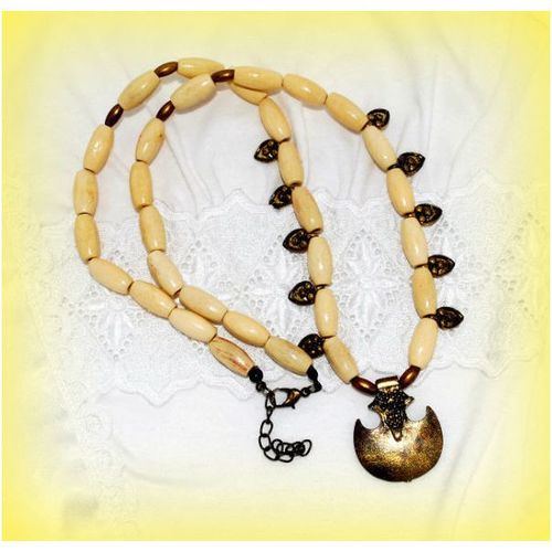 Summer Gift Retro Antiqued Cream & Bronze Pendant Necklace Jewellery 1091