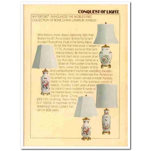 aynsley china company 1977 waterford conquest light lamps vintage ad