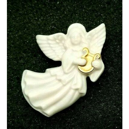 Lenox Porcelain Angel With Gold-Tone Music Harp Pin Brooch 2" x 1 3/8" (E2)
