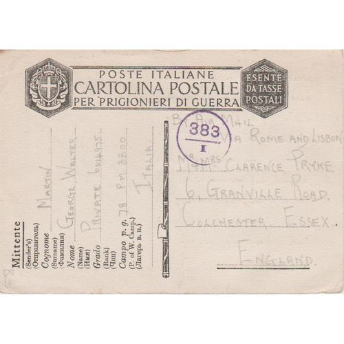 Italy 1943 British POW card to UK from Pte George W Martin see others