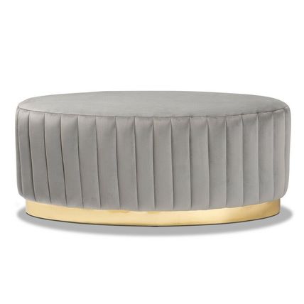 Oval Ottoman Beige Gray Blue Padded Velvet Gold PU Base Glam Luxe Channel Tufted
