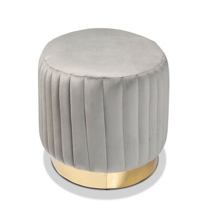 Oval Ottoman Beige Gray Blue Padded Velvet Gold PU Base Glam Luxe Channel Tufted