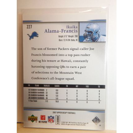 2007 Upper Deck IKAIKA ALAM-FRANCIS (Lions) Star Rookie card #227