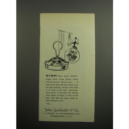 1955 Julius Garfinckel Securit Hosiery Dryer Ad - Stop! Dry your stockings