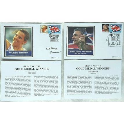 GOLD MEDAL WINNERS SALLY GUNNELL & JONATHAN EDWARDS HAND SIGNED AUTOGRAPHS