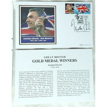 GOLD MEDAL WINNERS SALLY GUNNELL & JONATHAN EDWARDS HAND SIGNED AUTOGRAPHS