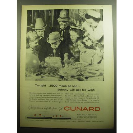 1958 Cunard Cruise Ad - Tonight.. 1500 miles at sea.. Johnny will get his wish