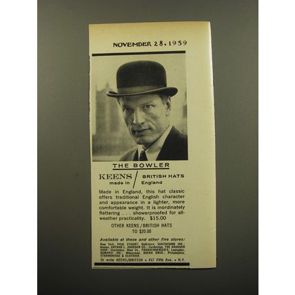 1959 Keens Bowler Hat Advertisement